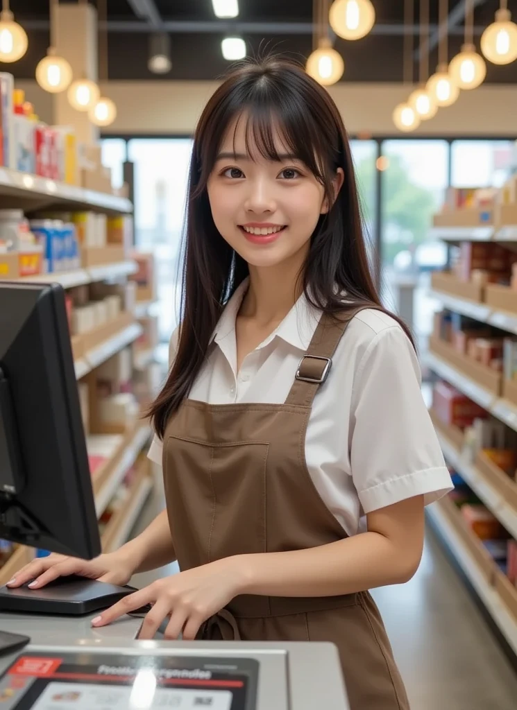Aprons Register Young woman , facing the front , Smile , ((Standing inside the cash ...