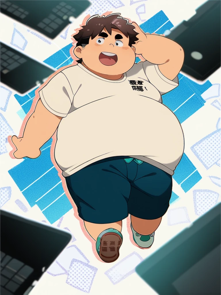 Full Body ue,  male, Body Noise-Sensing, looks like a computer folder,  school dress,  chubby , cute, Belly bigger than clothes, Fatty,  No asses , With hair, Overweight, Big belly, anime style