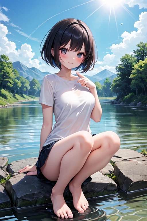 (masterpiece:1.3, top-quality, ultra high res, ultra detailed), (realistic, photorealistic:1.4), beautiful illustration, perfect lighting, natural lighting, colorful, depth of fields, surrealism,
beautiful detailed hair, beautiful detailed face, beautiful detailed eyes, beautiful clavicle, beautiful body, beautiful chest, beautiful thigh, beautiful legs, beautiful fingers, Accurate 5 fingers、
looking at viewer, cowboy shot, Photo from the side、
1 girl, japanese, 25 years old, perfect face, (perfect anatomy, anatomically correct), cute symmetrical face, shiny skin, Glowing Skin、
(short hair, light brown hair), hair between eyes, Shining light blue eyes, long eyelash, (medium breasts),
plain t-shirt,White panties, barefoot、midriff peek:0.3、
(beautiful scenery), (outdoors),lake、 kneeling,
(lovely smile, upper eyes, open mouth small),