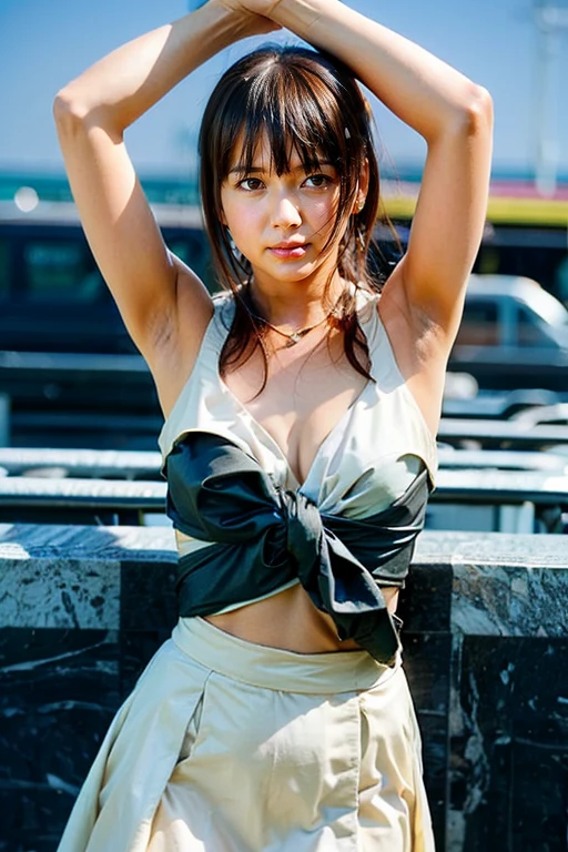 (((((((All Nude)))))))((Reality)), s lips, Detailed background, 1girl in, Squatting in a dark alley、A strong red light shines on my face、16-year-old slim Japanese gravure idol、Natural Breast,, (plaid skirts), small 、Slimed、A slender、Long straight light brown hair, (soft smiling), Look at viewers,