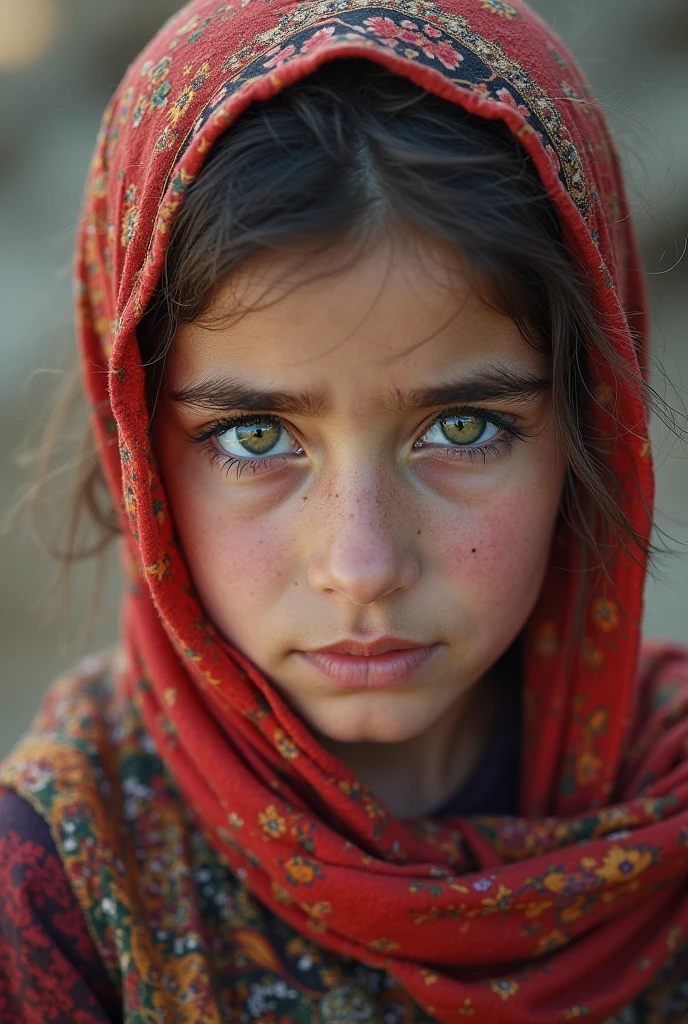 Photography in (stvmccrr style), afghan girl, piercing beautiful light colored eyes, analog film, film grain, kodachrome, rich colors, humane emotive photography, natural lighting, 8k, hdr, masterpiece, award winning photography