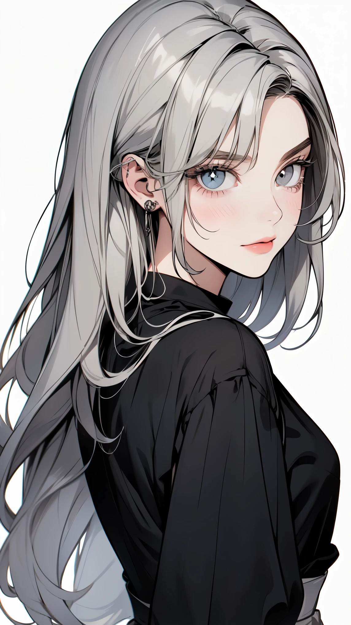 ( masterpiece, top quality, Ultra Fine, Long grey hair, sketch:1.1), ((Portrait)), 1 , Alone,   younger than Quan, straight hair, Straight Bangs, ((light gray eyes,  white pupils )), ( blank , Sagging under eyes:1.2), ( colored lashes,  white eyelashes :1.2), Tiny Chest, flat chest,  Neutral, expressiveness, A small smile, V shaped smile, Curved smile , :>,  black and white dress , Maid, white apron, upper body, at 19:45,   turn your hands around your back, isometric lighting , white background, simple background