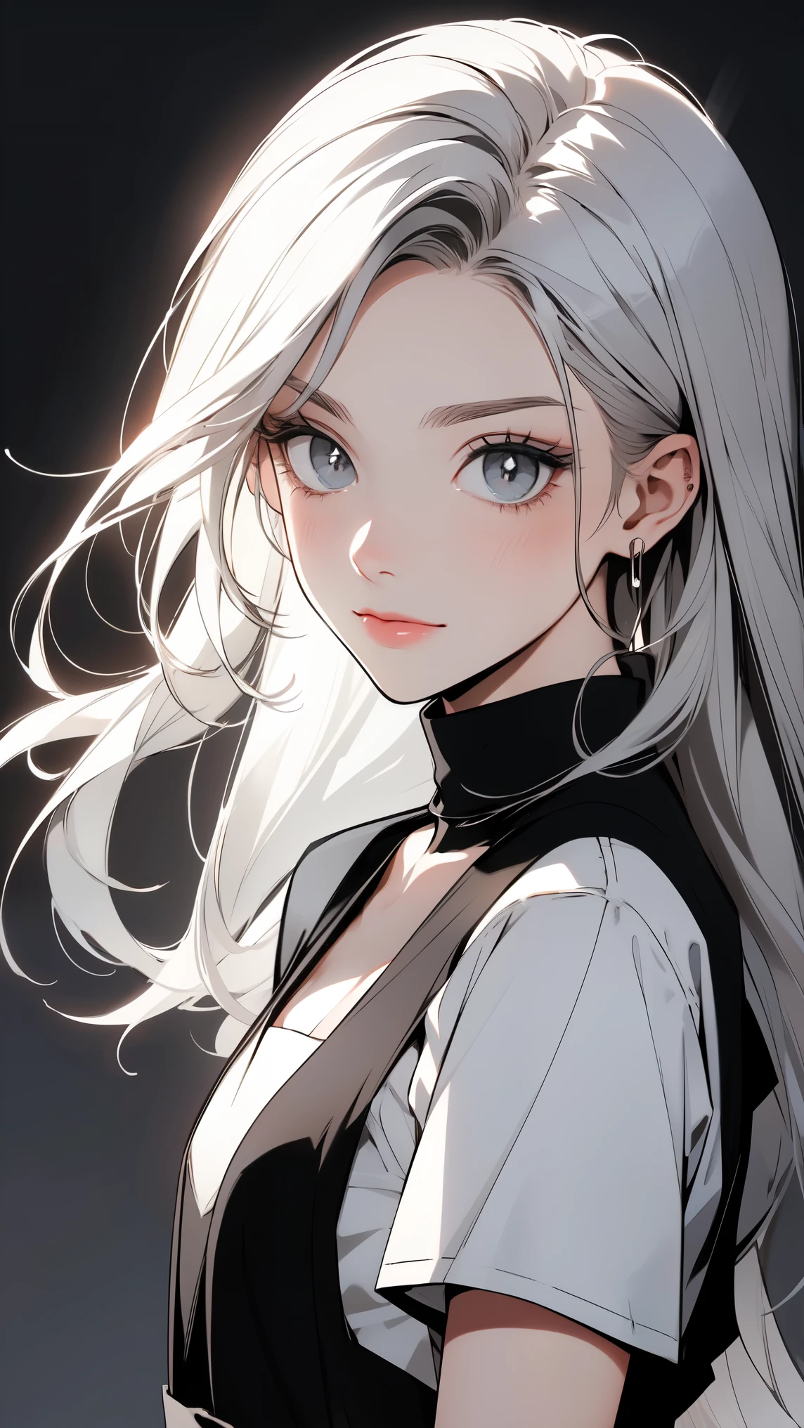 ( masterpiece, top quality, Ultra Fine, Long grey hair, sketch:1.1), ((Portrait)), 1 , Alone,   younger than Quan, straight hair, Straight Bangs, ((light gray eyes,  white pupils )), ( blank , Sagging under eyes:1.2), ( colored lashes,  white eyelashes :1.2), Tiny Chest, flat chest,  Neutral, expressiveness, A small smile, V shaped smile, Curved smile , :>,  black and white dress , Maid, white apron, upper body, at 19:45,   turn your hands around your back, isometric lighting , white background, simple background