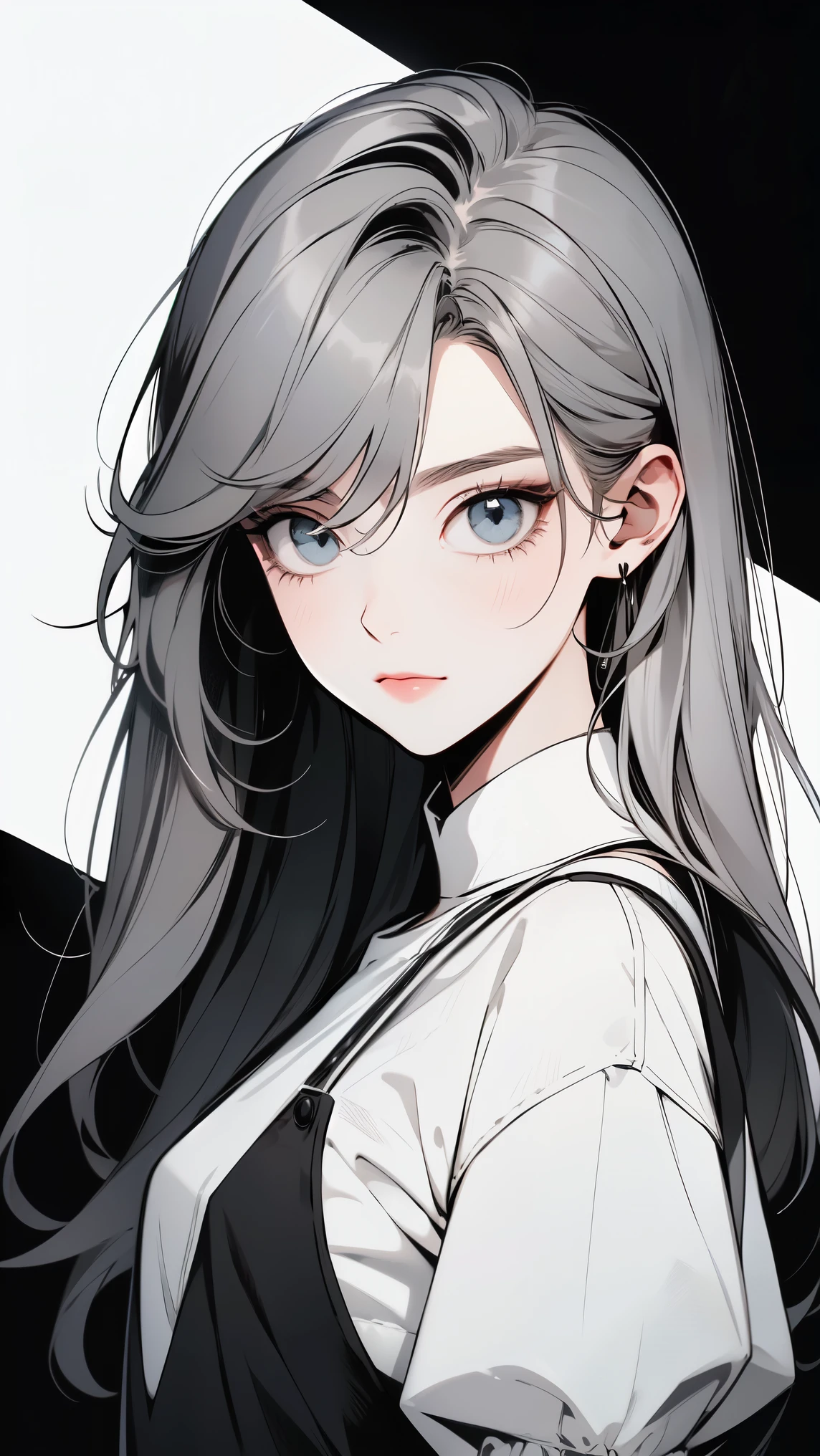 ( masterpiece, top quality, Ultra Fine, Long grey hair, sketch:1.1), ((Portrait)), 1 , Alone,   younger than Quan, straight hair, Straight Bangs, ((light gray eyes,  white pupils )), ( blank , Sagging under eyes:1.2), ( colored lashes,  white eyelashes :1.2), Tiny Chest, flat chest,  Neutral, expressiveness, A small smile, V shaped smile, Curved smile , :>,  black and white dress , Maid, white apron, upper body, at 19:45,   turn your hands around your back, isometric lighting , white background, simple background