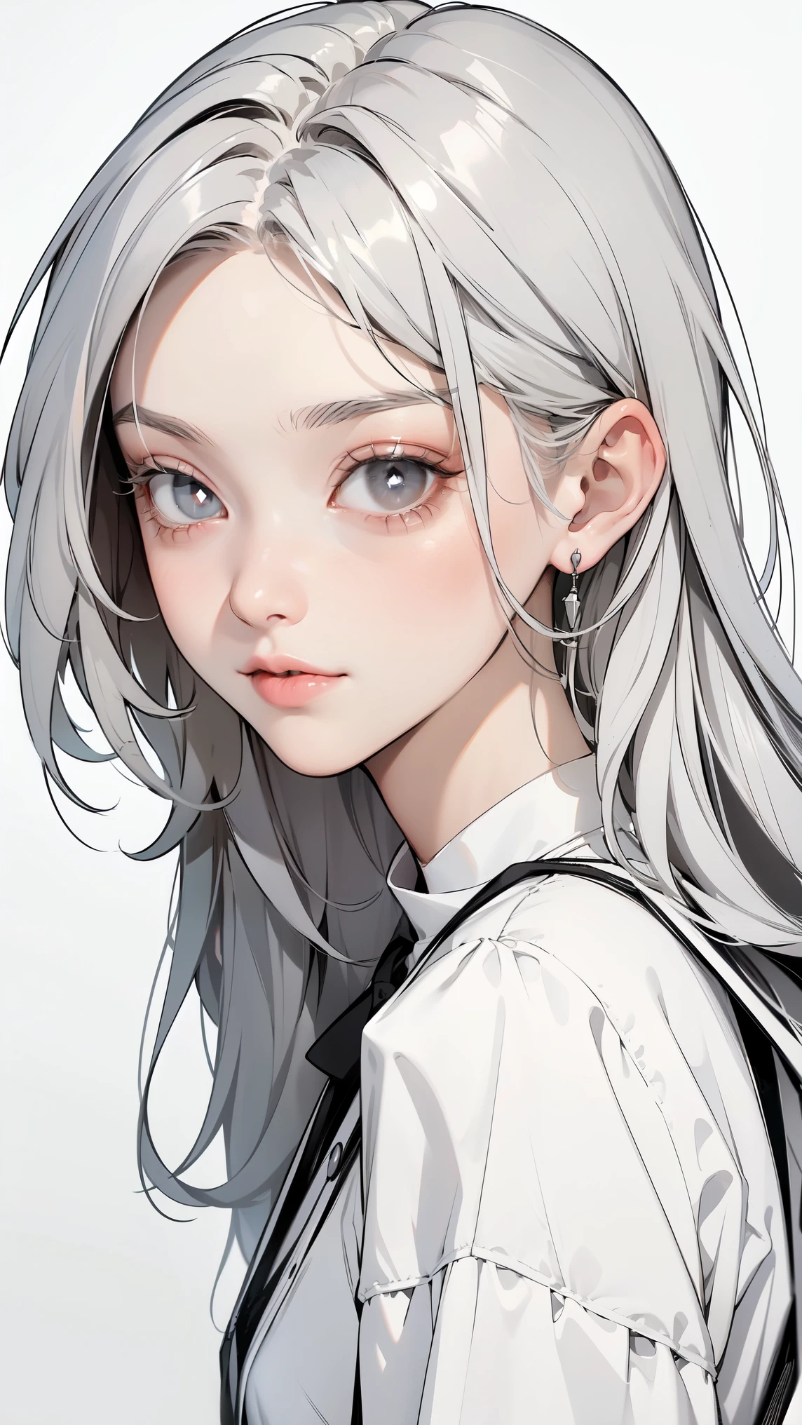 ( masterpiece, top quality, Ultra Fine, Long grey hair, sketch:1.1), ((Portrait)), 1 , Alone, younger than Quan, straight hair, Straight Bangs, ((light gray eyes, white pupils )), ( blank , Sagging under eyes:1.2), ( colored lashes, white eyelashes :1.2), Tiny Chest, flat chest, Neutral, expressiveness, A small smile, V shaped smile, Curved smile , :>, black and white dress , Maid, white apron, upper body, at 19:45, turn your hands around your back, isometric lighting , white background, simple background