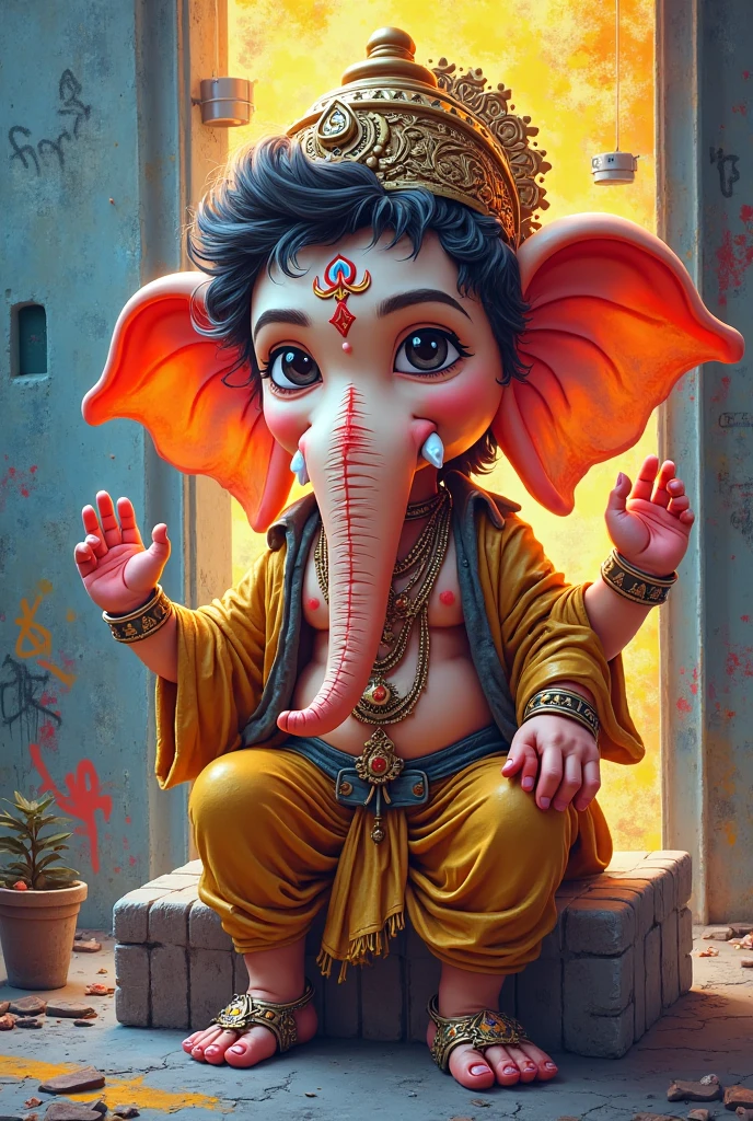 Indian lord little Ganesh cute sitting the plane