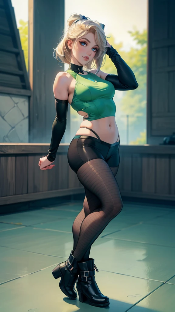 shot from behind, attractive and alluring female erotic dancer is showing off her ass in stage, confident, smiling, teasing with her tongue, sensual pose, shoulder-length green hair, wearing dark dress and dark tights that reach halfway up her thighs, night club, slim, fit, sexy thighs