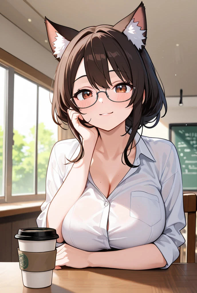 ((masterpiece)), ((highest quality)), (super detailed), ((cute)), cute, (Lovely), ((sexy)), (device), ((very detailed)), 4k, (8k), highest quality, (beautiful), anime style, Upper body, focus on the face, whole body concentration, office, computer, morning, a cute girl, 1 girl, alone, suit, beautiful light brown hair, beautiful purple eyes, ((beautiful eyes)), white skin, ponytail, transparent hair, translucent hair, big breasts, Glasses, earrings, necklace, cup, coffee, light smile, Lens flare, reflection effect