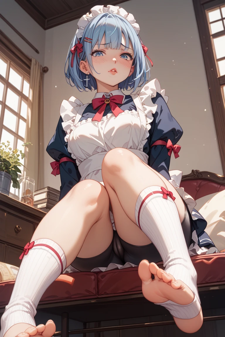 ((sweat)),((embarrassed)), bob cut, blue hair, messy hair, (((nsfw))), Rena Lanford, hair accessory is crescent moon, (gleaming skin), (in heat), ((panties under pantyhose)), Sheer dress shirt, Herringbone jacket, Pleated skirt, (standing), ((bukkake)), office, (Wireless Bra is red), (lace hipster pantie is red), full body, (cumdrip), (sole of foot), one leg up, from below