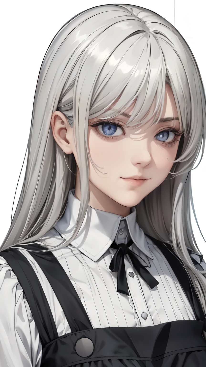 ( masterpiece, top quality, Ultra Fine, Long grey hair, sketch:1.1), ((Portrait)), 1 , Alone, younger than Quan, straight hair, Straight Bangs, ((light gray eyes, white pupils )), ( blank , Sagging under eyes:1.2), ( colored lashes, white eyelashes :1.2), Tiny Chest, flat chest, Neutral, expressiveness, A small smile, V shaped smile, Curved smile , :>, black and white dress , Maid, white apron, upper body, at 19:45, turn your hands around your back, isometric lighting , white background, simple background