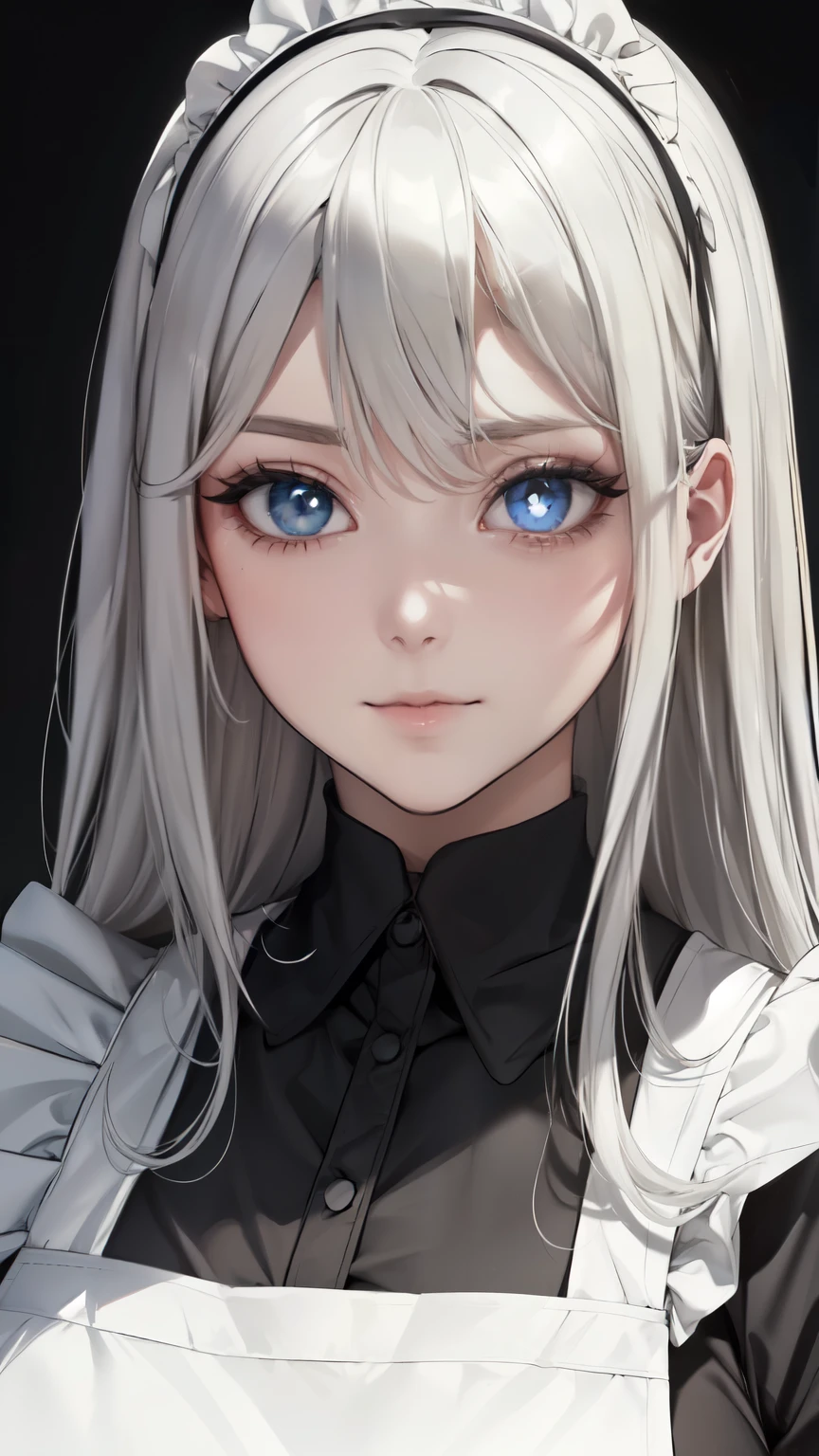 ( masterpiece, top quality, Ultra Fine, Long grey hair, sketch:1.1), ((Portrait)), 1 , Alone, younger than Quan, straight hair, Straight Bangs, ((light gray eyes, white pupils )), ( blank , Sagging under eyes:1.2), ( colored lashes, white eyelashes :1.2), Tiny Chest, flat chest, Neutral, expressiveness, A small smile, V shaped smile, Curved smile , :>, black and white dress , Maid, white apron, upper body, at 19:45, turn your hands around your back, isometric lighting , white background, simple background