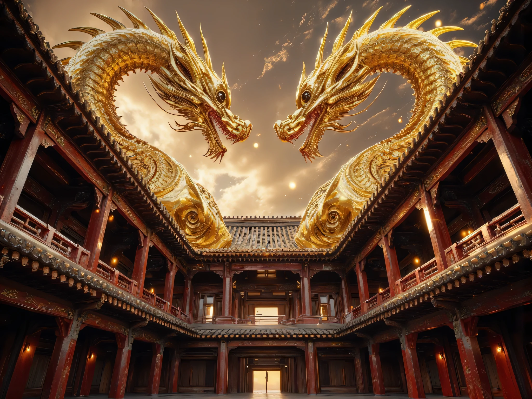 Realistic and spectacular golden Japanese wingless dragon with glowing eyes。The body is long like a snake.。She strikes a powerful pose against the backdrop of a dramatic stormy sky, rising from a torii gate lit by the golden rays of the set… Stretch Download