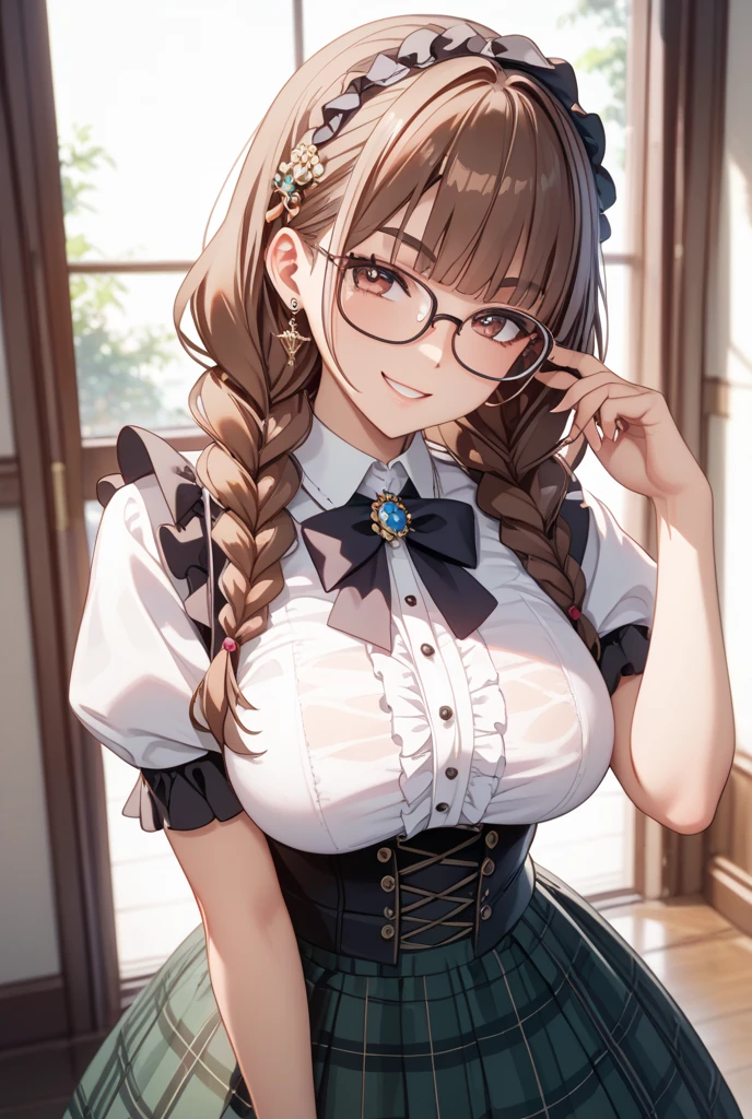 best quality, masterpiece, highres, solo, {maid:1.40}, {long maid dress:1.15}, {moe_bluearchive:1.15}, twintails, brown_hair, long_hair, blush, halo, bangs, yellow_eyes, breasts, animal_ears, large_breasts, glasses, open_mouth, fake_animal_ears, smile, round_eyewear, rabbit_ears, hair_ornament, pom_pom_hair_ornament