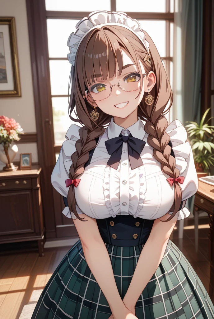1 female,12 years old,brown hair,beautiful low ponytail hairstyle, (High-waisted skirt:1.3),, (knit), (double breasted,under bust:1.2), short sleeve, button gap,natural smile,,frameless eyeglasses,