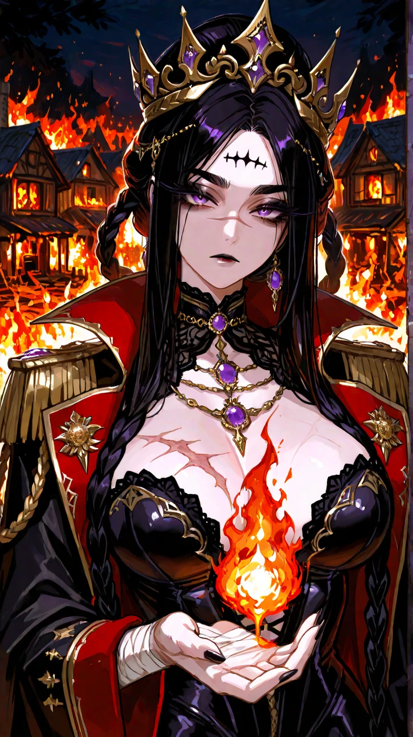 8k, masterpiece, best quality, highly detailed, 1girl, demon queen, Fierna, multicolored hair, long straight hair red highlight hair on black hair, strippled hair, red lipsticks , earrings, necklace, wearing tiaras, glowing red eyes, glamorous, high heels, palace, roses, black and gold leather suit, villainy, smirk, intimidating pose, close up view, rings, looking at viewer, demon horns, sitting, reddish skin, demon tail, demon wing, black demon horns, Fiery, hells, throne room.