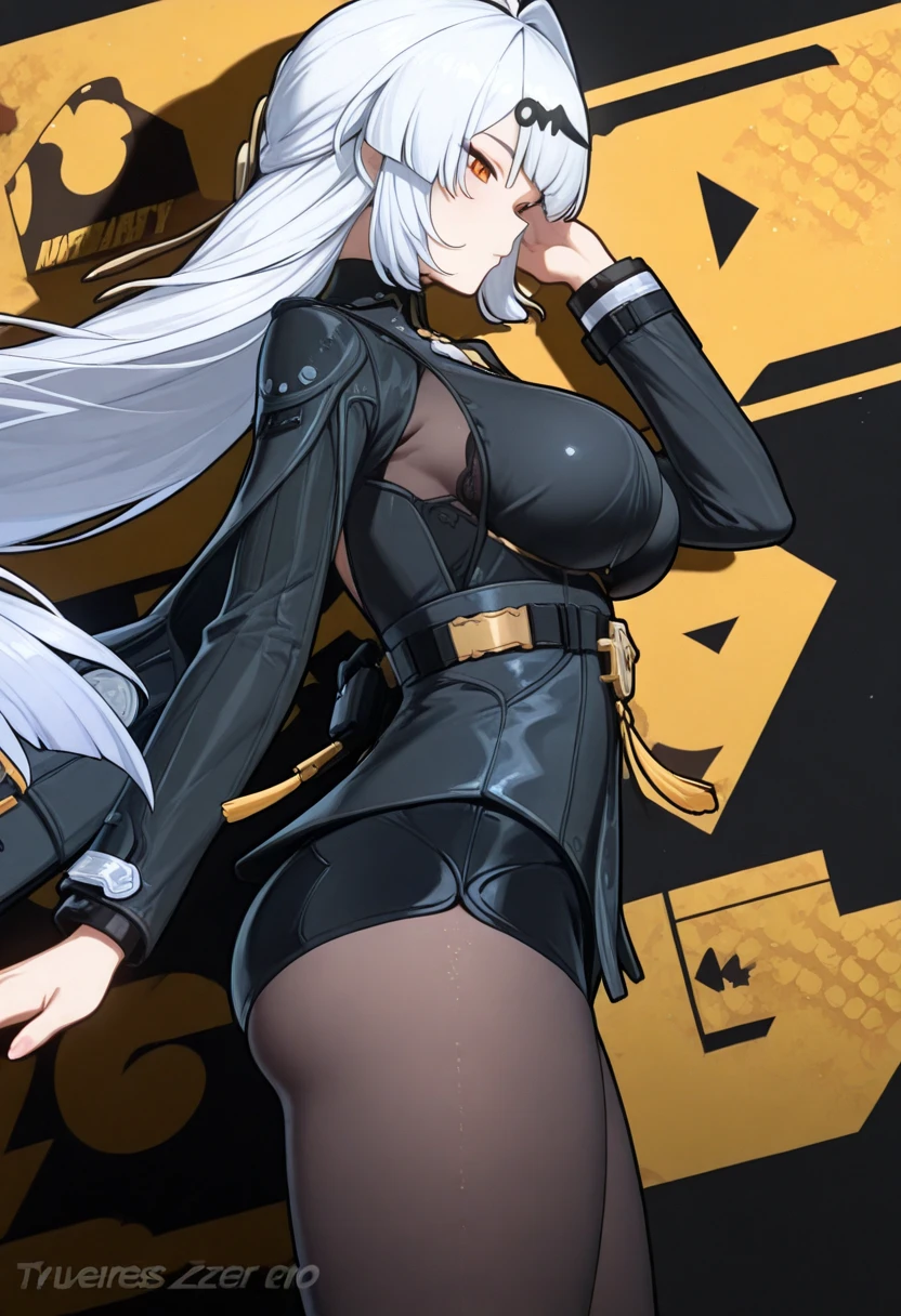 (highest quality、masterpiece:1.2) 1 woman, (Dark skinned woman, hair over one eye), white hair, yellow Eyes, (little glasses), ((white tailored jacket, black shirt, pants)), smiling eye, (cleavage), little earring, (off shoulder), leather gloves, mouth mask, undressing