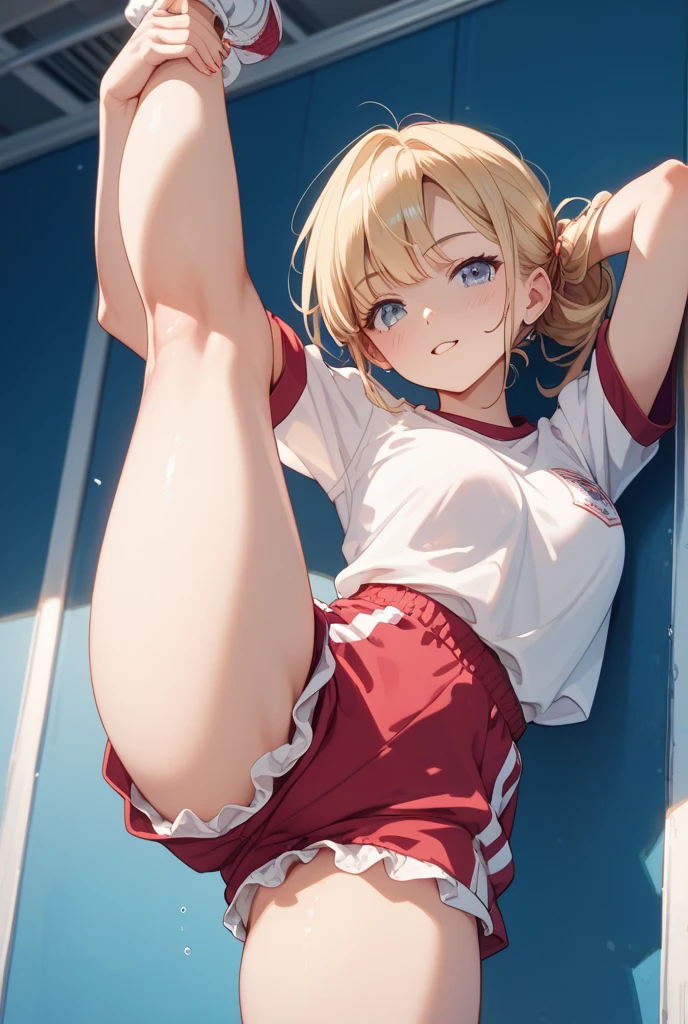 (((1 lolita girl))), when he plows, (Red eyes: 1.5), blond hair, (blond hair: 1.1), by the wide, conical bun, hair ornament, hair shots, He drowned, Stripe, blue bow tie, (tight red workout top and shorts, ((red tight top and shorts)), white thighs, white thigh highs), has, (muscular belly), well muscled abs, Wide hips, Thin waist, small breasts, (((sitting sexy pose))), wearing black heels, {{sitting spreading her legs showing her pussy squeezed by the shorts}}, ((showing tight pussy by short)), {{{Full body photo}}}, smile, happy, with eyes closed, smiling at viewer with open mouth, REST looking at the viewer , breaking and entering, sitting on a bench in a gym, {sitting on a bench in the gym}, interval (masterpiece: 1.2), Best Quality, highest resolution, unity wallpaper 8k, (illustration: 0.8), (beautiful detailed eyes: 1.6), extremely detailed face, perfect lighting, Extremely detailed CG, (perfect anatomy), {anatomically correct}, {{perfect hands, (correct hands)}.