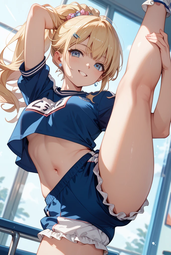 (masterpiece)、(Best image quality)、(Very detailed)、(Very detailed)、4K、(8K)、Best image quality、(beautiful), 1 Girl,Huge breasts、Thick thighs,smile、Noise Reduction、Emphasis on the crotch、Breast Augmentation,(pantyhose:1.2),The chest is exposed,(nsfw :1.3) ,Leg spread,(pubic hair:1.3),Crouching,Sweating,(Cheerleader:1.2),Tan Skin,(Sex:1.3),Being attacked by a man