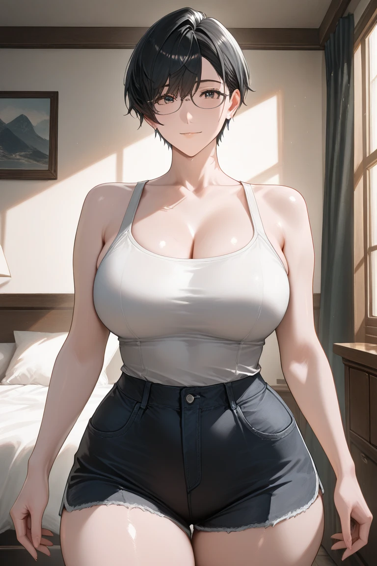 masterpiece, (highest quality), ((Most detailed)), Detailed eyes、 (Mature Woman)、short hair、(Sweat)、Glasses、lips、Sports Bra、seductive smile、From head to toe