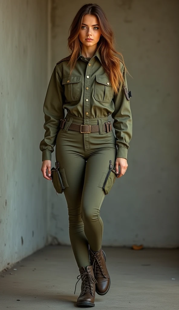 (ultra-detailed, photorealistic, best quality, 4k, 8k, highres, masterpiece:1.3), a stunning Israeli supermodel named Adina Cohen, At the age of 21, she possesses a voluptuous figure that is both athletic and curvaceous, a testament to her rigorous fitness regime, Her hair is a cascade of dark, glossy curls, characteristic of her Middle Eastern heritage, Her eyes are a striking blend of brown and gold, mirroring the desert landscapes of her homeland, Her facial features are sharp yet feminine with high cheekbones, a strong jawline, and full lips, She is dressed Israel IDF Army Heavy Duty Combat Uniform Shirt, Israel Defense Force Army Heavy Duty Combat Uniform Pants, which highlights her supermodel physique and reflects her patriotic spirit, Her posture is poised and confident, perfectly capturing her runway-ready demeanor, Her expression is a mix of fierce determination, a nod to her ambitious spirit, and a warm, inviting smile, reflecting her friendly personality, The scene captures her in a bustling, cosmopolitan setting, a symbol of her thriving modeling career, (intricate detail, super finely detailed hands, ultra finely detailed fingers, full body showcase, show full body),