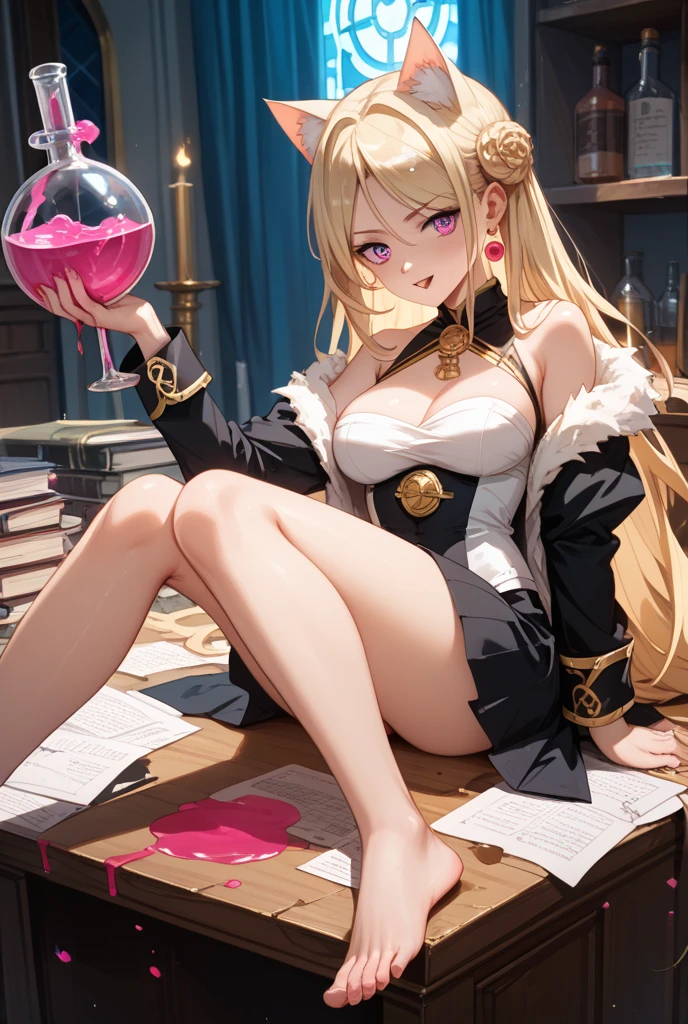 Masterpiece, Best Quality, (((Solo mature woman Janet))), (((platinum blonde hair))), ((long braided Ponytail)), (((wide hips))), (((light blue eyes))), full lips, seductive smile, cleavage, (((sitting on wooden throne))), (((bookshelves, candles))) sunset, blushing, "beautiful mature face" , age30 , MILF , adult ((open kimono with detailed patterns of gold)), bare shoulder, ((Sexual suggestiveness)), perfect beautiful eyes, detailed eyes. thick lips, ((big )), (Thick thighs), top down, looking down, (((shiny skin))), (((chubby))), necklace, bracelets, hoop earrings, (((European Face))), ((Oiran)), Japanese Clothing, Boobplate, obi, intricate, eye shadow, floral print, hairpin, lipstick, make-up, red lips, sarashi, (((kiseru))), kanzashi, holding pipe in right hand