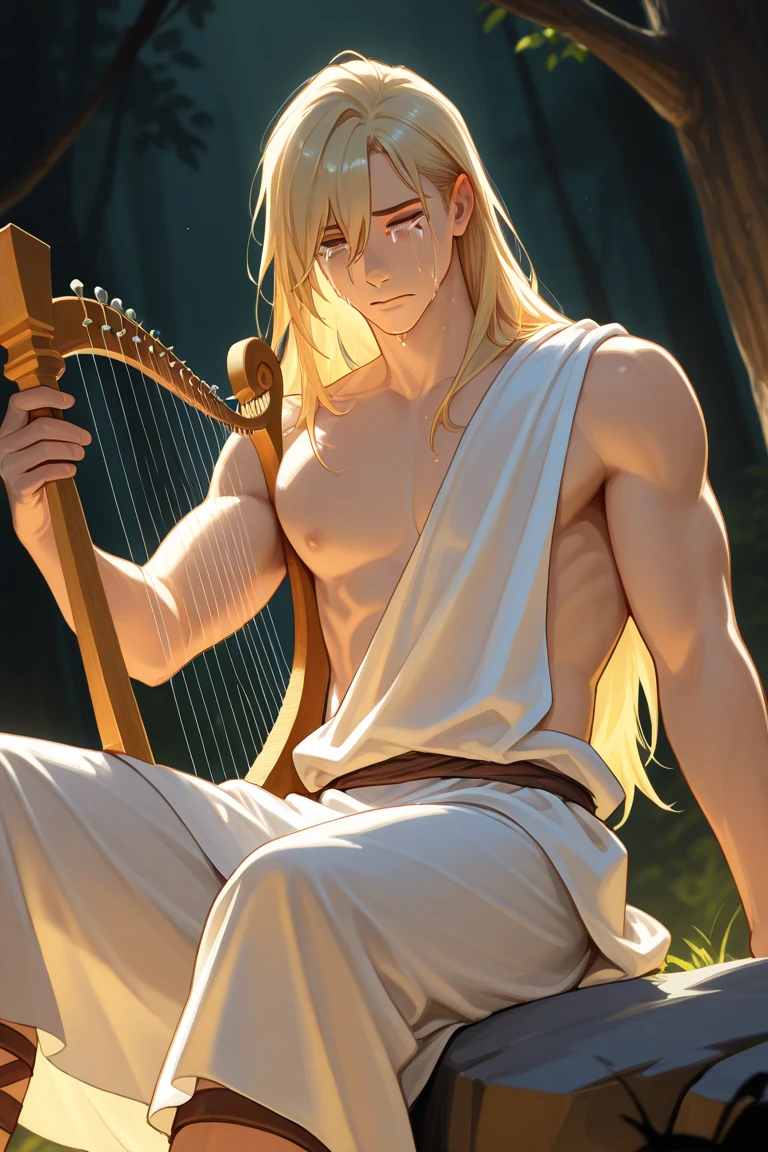(best quality), masterpiece, ultra-detailed, guy,goatee facial hair, muscular physique,full body portrait,blonde hair,intense blue eyes,stream,forest,hairly chest,loincloth, sitting
