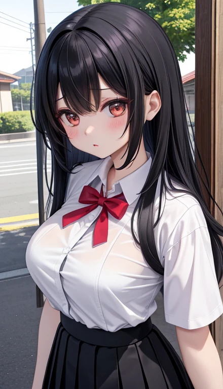 1 girl、Detailed facial details,Cat ear,Black long hair,Red lips,Slim,Wearing a white shirt,Short skirts,White garter stockings,Large Breasts,Charming red eye,Handcuffs,collar,Radiant Skin,Standing on the roadside,Bag in hand,Guangming Hospital