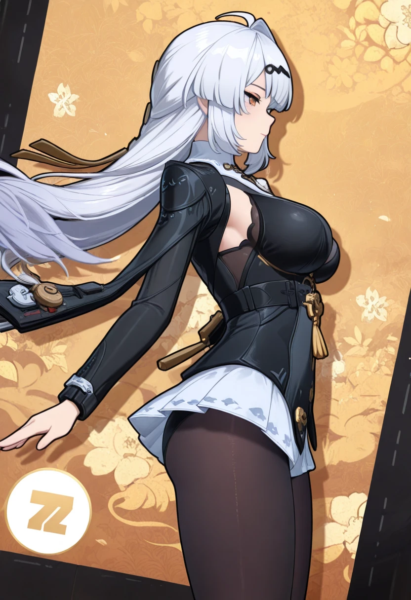 High detailed, 1 girl, busty, black hair, white hair, multicolored hair, extremely large hair, yellow eyes, busty, firm plump body, white shirt, , deep cleavage, Juliet sleeves, pencil skirt, black thighhighs, white gloves, tall, smiling