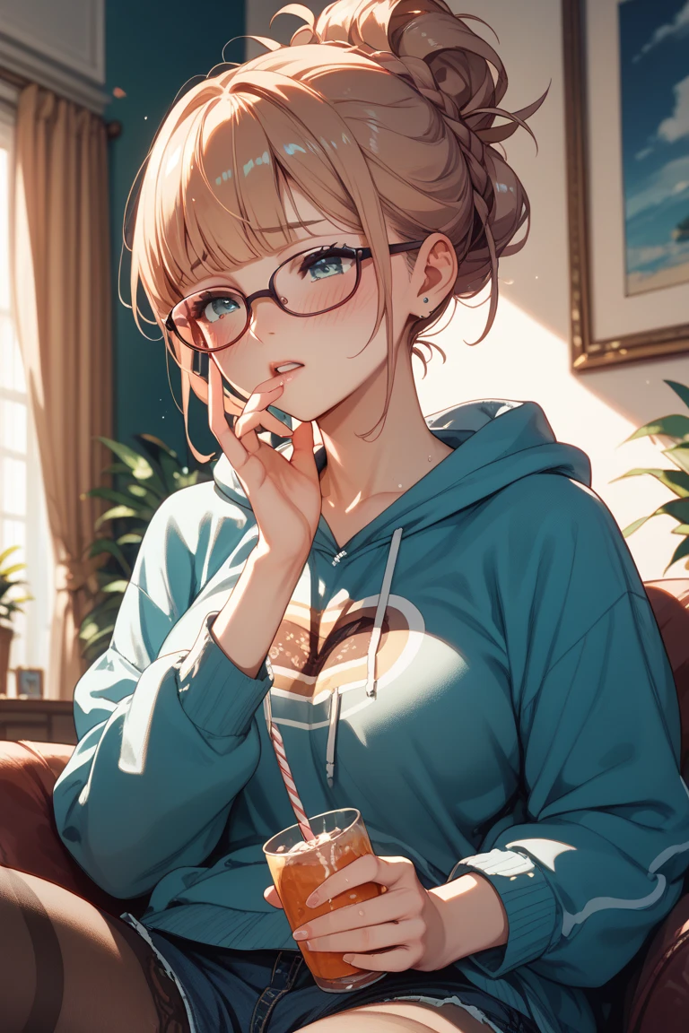 (masterpiece, best quality:1.2), solo, Android 18 from Dragon Ball, ((light gray hooded sweatshirt, Oversized hooded sweatshirt, long sleeve, black thin thigh highs, knees up, beautiful butt, white panties)), small breasts, blonde hair, (single hair bun), ((blue eyes)), (wearing glasses), earrings on earlobes, slender feminine figure, skinny body, (drinking a coffee), cleavage, off shoulder, light blush, chill, hot coffee, organized, simple, white-based interior, a few plants, cloudy sky, terrace, magnificent view, blur background, 4K, on the cute chair, (pale blue chair), 