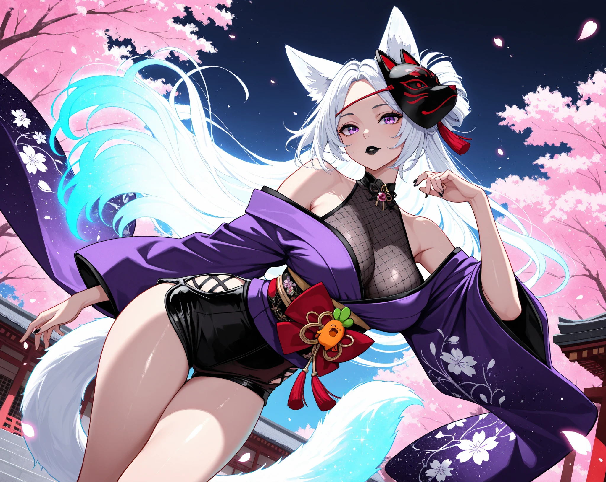 Curvy white haired 9 tailed kitsune wearing fur lined robe and cherry blossom kimono, wearing thigh high fishnets (ALONE)(SOLO), alone, solo