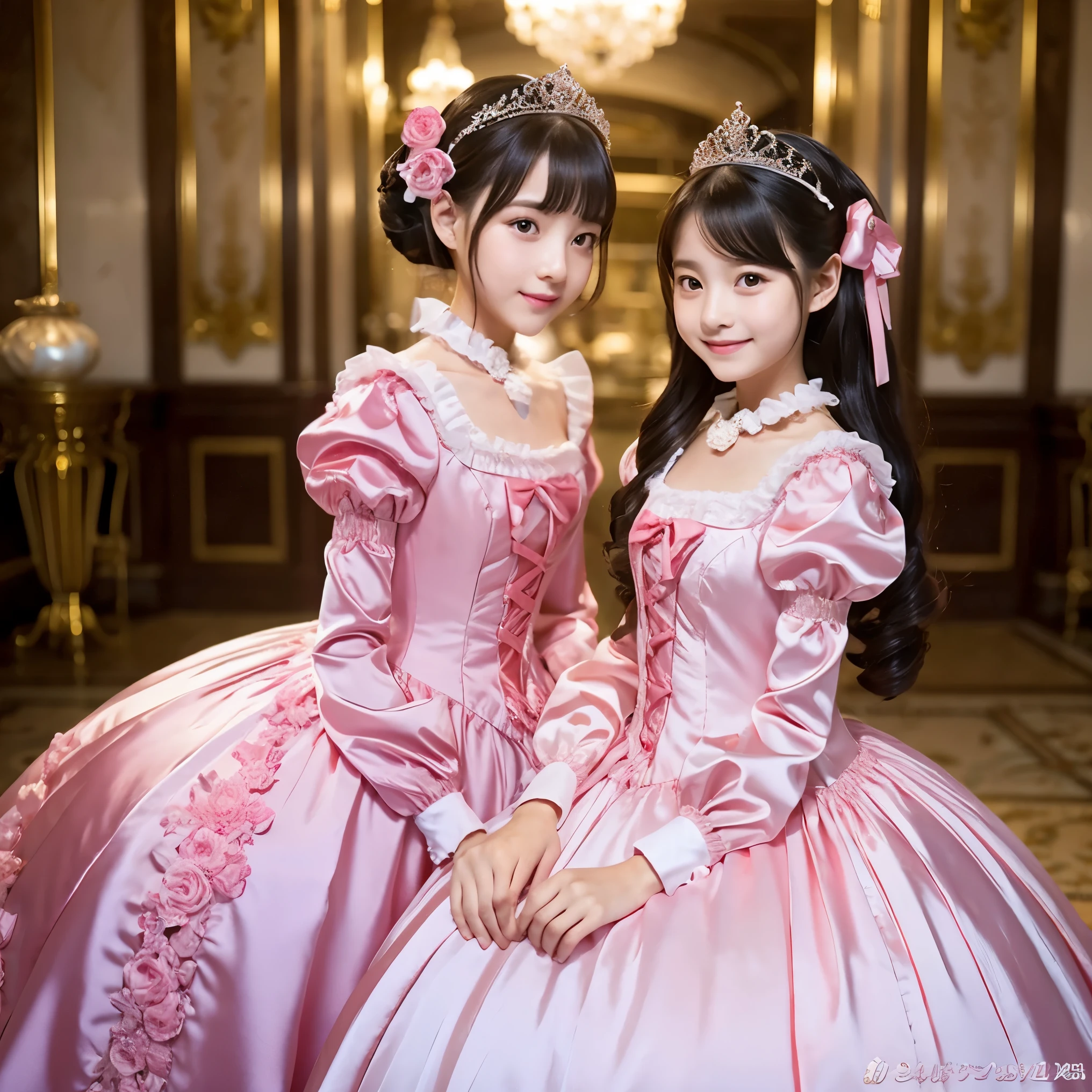 ,highest quality, masterpiece, highest resolution, artwork, super それにget used to it, many get used to it, get used to it, それにget used to it, 3K realistic photos,,((10 year old little girls)),Super detailed baby face,they are'both are princesses,Full length ball gown dress with hoop skirt,ruffled yoke collar,puff sleeves,long sleeve,((lolita style hot pink princess satin dress、Comes with lots of frills and ribbons。)),crazy'colorful fashion,shiny satin dress,Soft and smooth fabric,luxury,long blonde hair,blue eyes,white skin european,((inside the palace)),