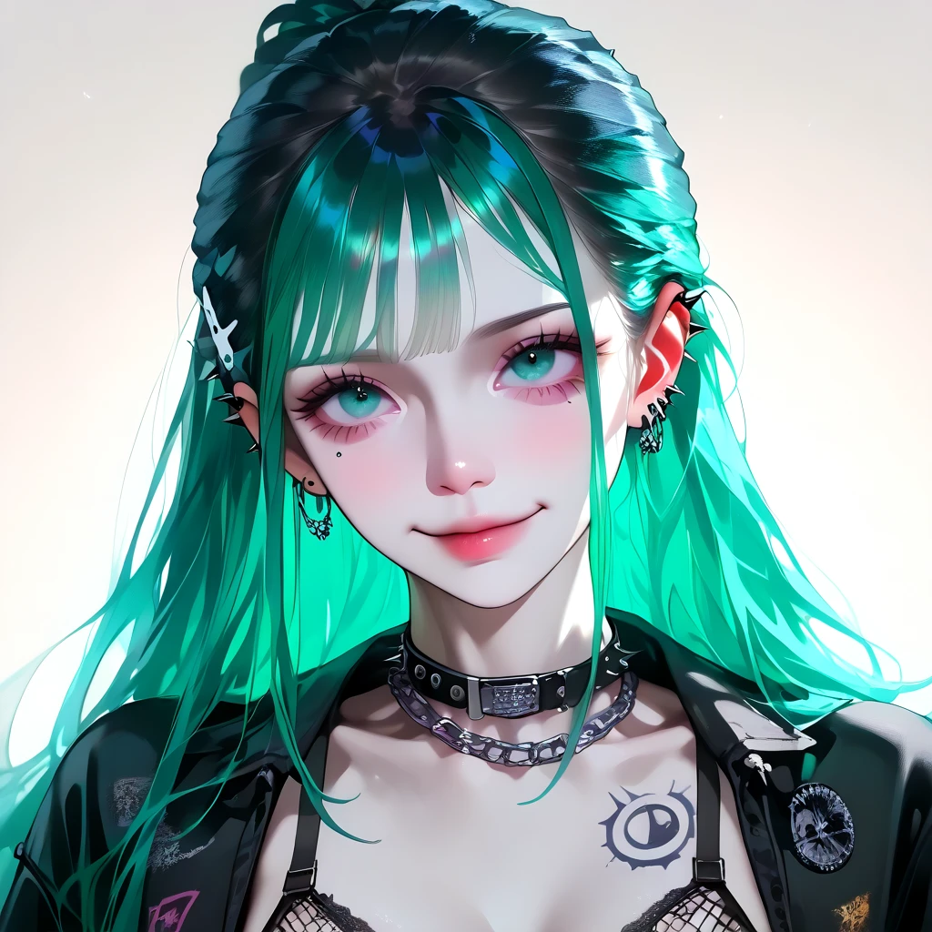 young girl, long turquoise hair, punk haircut, turquoise eyes, Scars, punk make-up, leather jacket, Burns, ripped clothes, madness, smirk, Masterpiece, highly quality