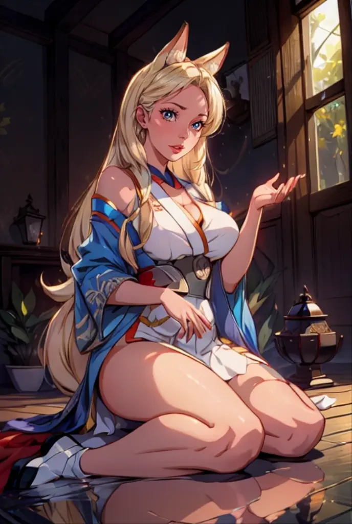 8K、top-quality、Masterpiece、An ultra-high picture quality、ultra-detailliert、Super beautiful、animesque、Ultra-realistic flesh feeling、full bodyesbian、Bewitching look、shave ice、Off-shoulder blue yukata、Beautuful Women、Blonde long hair、poneyTail、Blue eyes、shinny skin、Very gigantic-breasts、red lace brassiere、extremely big ass、shinny skin 、The background is a Japanese-style room in the daytime