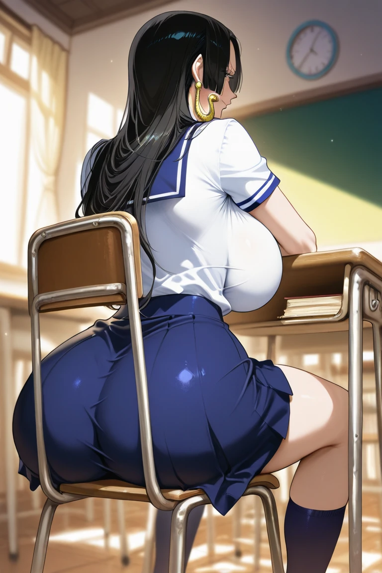 masterpiece, best quality, cute eyes, 1girl, 1boy, nose blush, curvy, show off ass, look down, gigantic breasts, thick thighs, huge ass, gigantic ass, huge hips, gigantic hips, wide hips, from behind, from below, looking down, (school uniform), pleated skirt, horizontal striped panties, sitting, sitting_on_face, facesitting, (sitting on face), sitting on person, (fart, farting, yellow gas, facefarting:1.3), smile, bashful, embarrassed, classroom