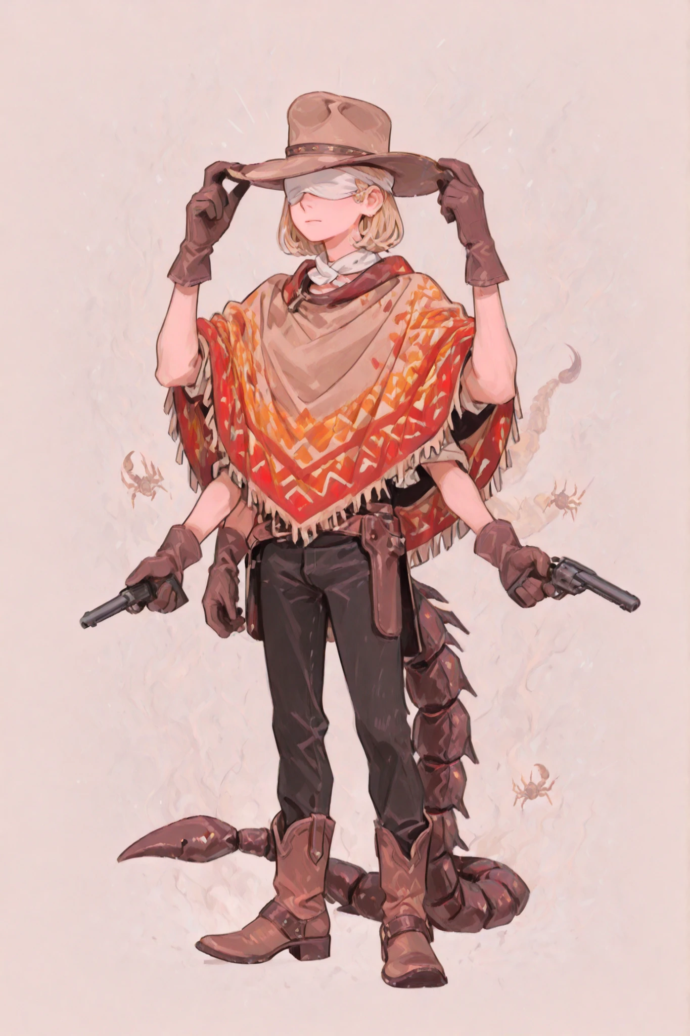 1boy, 6arms, six hands, multiple arms, extra arms, anatomically correct, extra sleeves, revolvers, demi-human, scorpion tail, brown scorpion tail, white blindfold, blindfolded, blind, blonde, short hair, cowboy hat, one hand adjusting hat, light-brown leather cowboy hat, poncho, colourful poncho, six revolvers, holding guns, brown gloves, leather gloves, black pants, cowboy boots, brown boots, standing, lowered head, young, alone, dark-grey background, best quality,