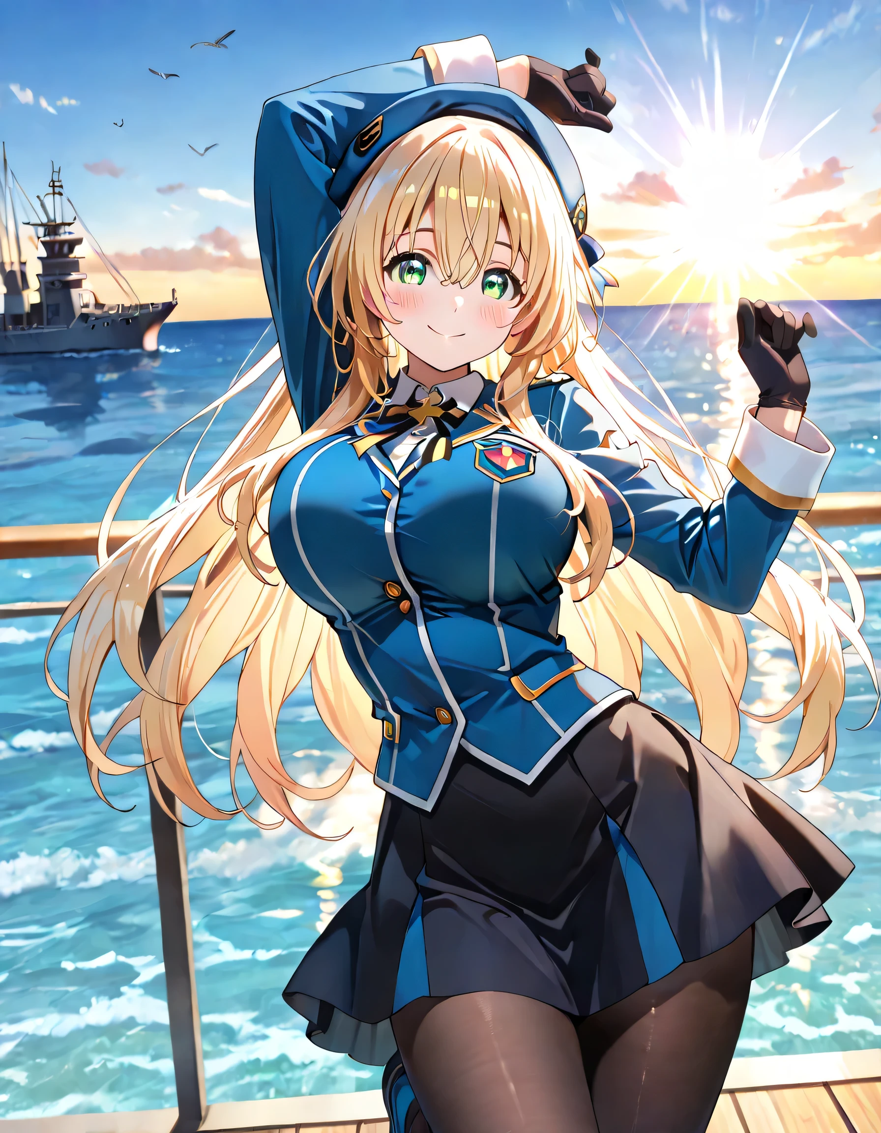 ((ultra-detailed)), (highly detailed CG illustration), (best quality:1.2), ultra-highly detailed, colorful composition, artistic photoshoot, 1girl, solo focus, upper body:1.3, moe anime character, girl, dainty facial structure, round face, rounded chin:1.2, ideal ratio body proportions, atagokc, blonde, green eyes, long hair, bangs, hair between eyes, big breasts, blue hat, beret, thick thighs atagodefkc, blue military uniform skirt, ascott, blue jacket, black skirt, maxi skirt, black pantyhose, blue shoes, black gloves, smile:1.3, happy:1.3, joyful:1.3, blush:1.3, arm up, leg up, standing on the Battle ship:1.3, Battle ship background, ocean, Beautiful sky, from front, dynamic pose:1.3, contrapposto pose, best quality, expecting, pink cheek, blush, light pink gloss slip, portrait, depth of field, sparkling sunlight, lighting, backlighting, shine, lighting, caustics, ray tracing, perfect face, lustrous skin, highly detailed face, highly detailed eyes, perfect face, perfect nose, perfect hair, perfect eyes, perfect anatomy, beautiful hair, beautiful small face, extremely detailed face, beautiful detailed eyes, beautiful clavicle, beautiful body, beautiful breasts, leavage, breasts squeezed together, equalize the size of the left and right breasts, beautiful thin thighs, beautiful legs, beautiful fingers, (4 fingers), 1 thumb, lovely, (very detailed background:1.0), (highly detailed background:1.0), summer aesthetic, intricate details, festival atmosphere, summer colors palette, chromatic aberration