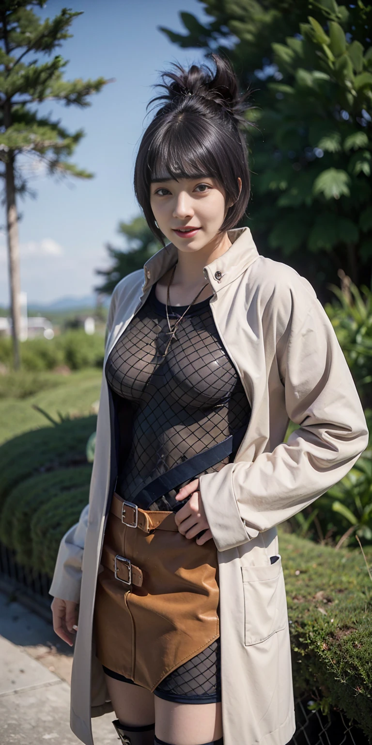 Real life adaption of this character, beauty face,looking to viewer,realistic same hair ,realistic jungle with many grass background, hyper realistic, realistic light, realistic shadow, realism,(photorealistic:1.2), (realistic same outfit ),big breast,Tight checkered underwear