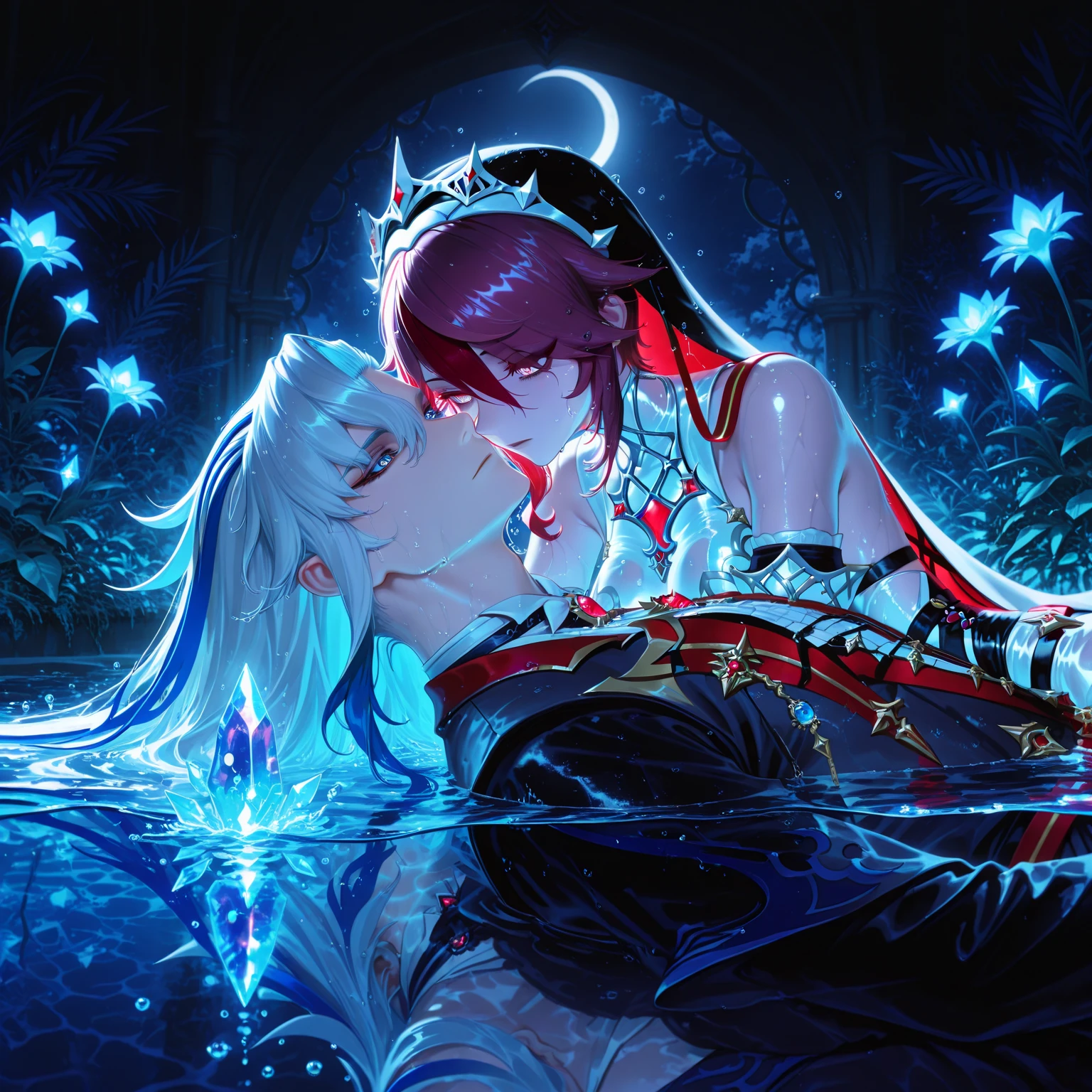 tied up naked Rei Ayanami from Neon Genesis Evangelion kissing shinji ikari, indoor pool, night, moon, rape, sexual intercourse, tied up, restrained, forced