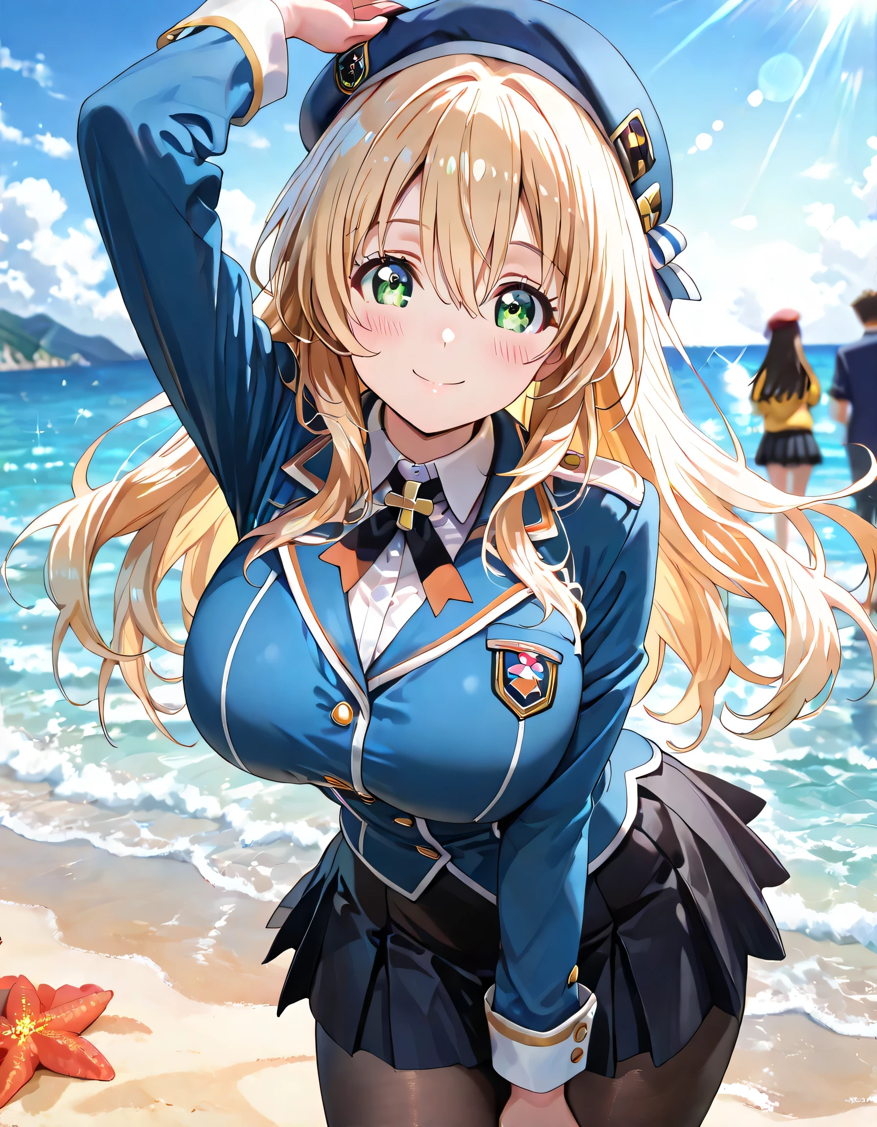 ((ultra-detailed)), (highly detailed CG illustration), (best quality:1.2), ultra-highly detailed, colorful composition, artistic photoshoot, 1girl, solo focus, upper body:1.4, moe anime character, girl, dainty facial structure, round face, rounded chin:1.2, ideal ratio body proportions, atagokc, blonde, green eyes, long hair, bangs, hair between eyes, big breasts, blue hat, beret, thick thighs atagodefkc, blue military uniform skirt, ascott, blue jacket, black skirt, maxi skirt, black pantyhose, blue shoes, black gloves, smile:1.3, happy:1.3, joyful:1.3, blush:1.3, arm up, standing on the Battle ship:1.3, Battle ship background, ocean, Beautiful sky, from front, dynamic pose:1.3, contrapposto pose, best quality, expecting, pink cheek, blush, light pink gloss slip, portrait, depth of field, sparkling sunlight, lighting, backlighting, shine, lighting, caustics, ray tracing, perfect face, lustrous skin, highly detailed face, highly detailed eyes, perfect face, perfect nose, perfect hair, perfect eyes, perfect anatomy, beautiful hair, beautiful small face, extremely detailed face, beautiful detailed eyes, beautiful clavicle, beautiful body, beautiful breasts, leavage, breasts squeezed together, equalize the size of the left and right breasts, beautiful thin thighs, beautiful legs, beautiful fingers, (4 fingers), 1 thumb, lovely, (very detailed background:1.0), (highly detailed background:1.0), summer aesthetic, intricate details, festival atmosphere, summer colors palette, chromatic aberration