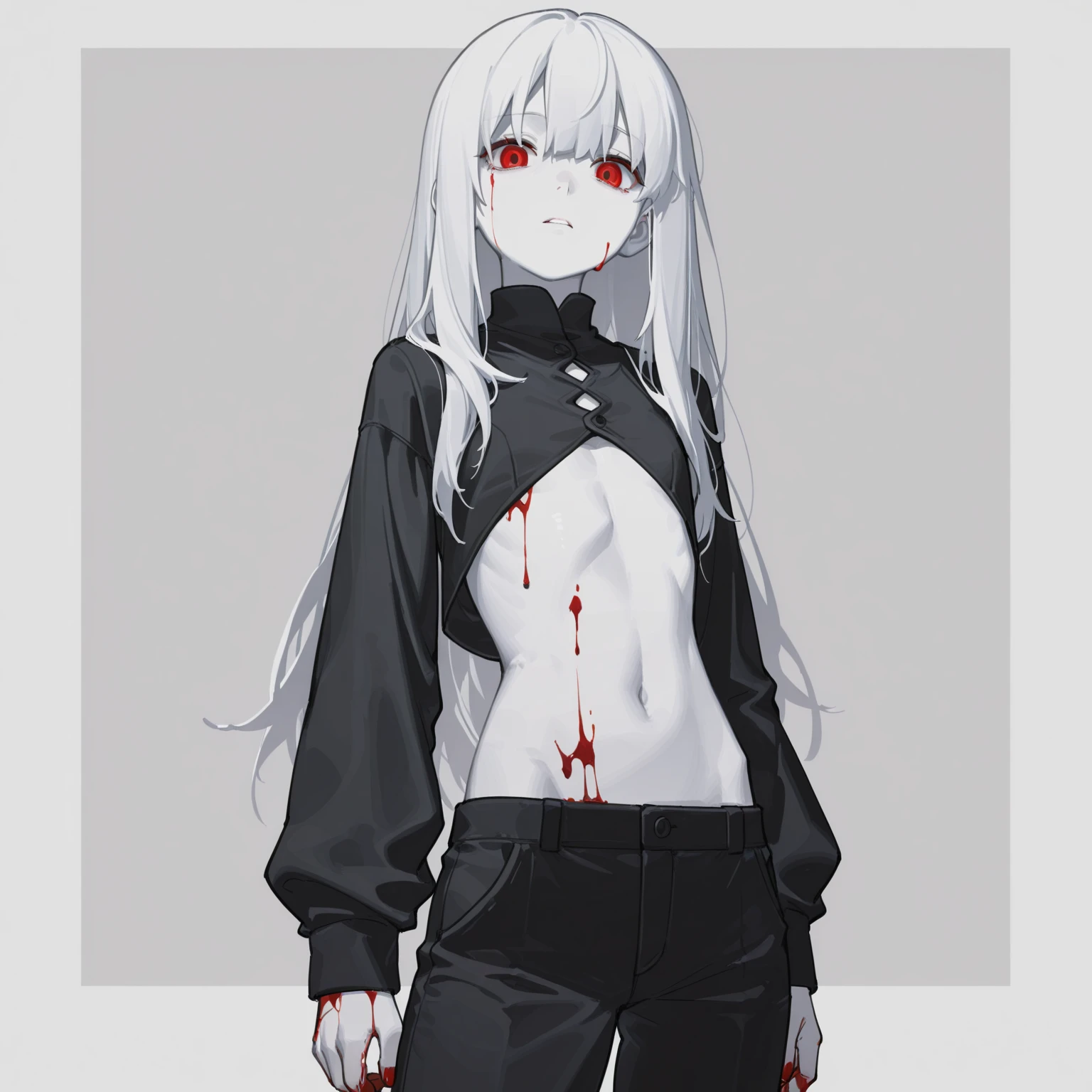 1boy, white hair, red eye, one blind eye, pale skin, skinny, ribs, Suffers from a severe physical illness that occurs in the left half of the body and causes its veins to protrude, black coat, black jogging pants, perfect quality, Masterpiece, high quality, good quality, very long hair