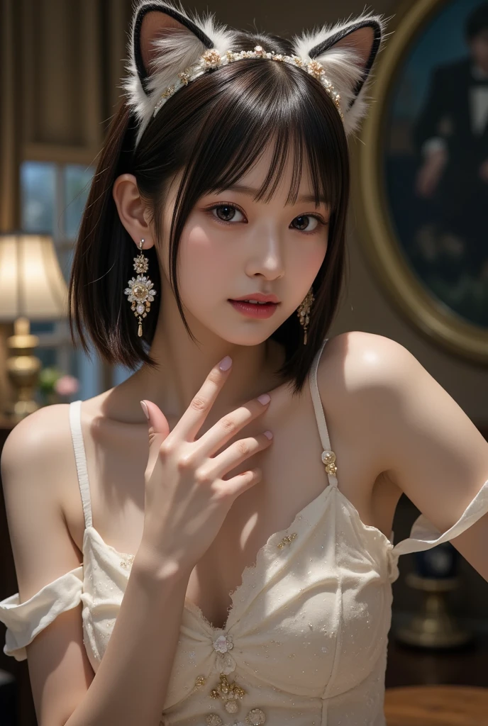 (((NSFW))),(((Hairy pubic hair)))、(8k, RAW Photos, highest quality, masterpiece: 1.2), Very detailed, Super Resolution, (Genuine, Genuine photos: 1.37), Portraiture, High-quality RAW color photos, Professional photos, Very detailed and beautiful new, Very detailed, 8k wallpaper, Amazing details, Large file size, Official Art, Very detailed CG Unity 8k wallpaper, Very detailed beautiful girls, Very detailed facesHighly detailed eyes, Very fine skin, Very detailed fingers, Very small nose, Very detailed detailed mouth, Perfect Anatomy, Detailed Background,20th generation, cute girl, Genuineistic body, White skin, Glowing Skin, (Blunt bangs: 1.2), smile, cute, cute face, Genuineistic face, Delicate eyes, Saggy eyes, Earrings, necklace、Looking into the camera, Dynamic Lighting, (Gorgeous nightclub background1.2)、(Dynamic Sexy Pose 1.2)