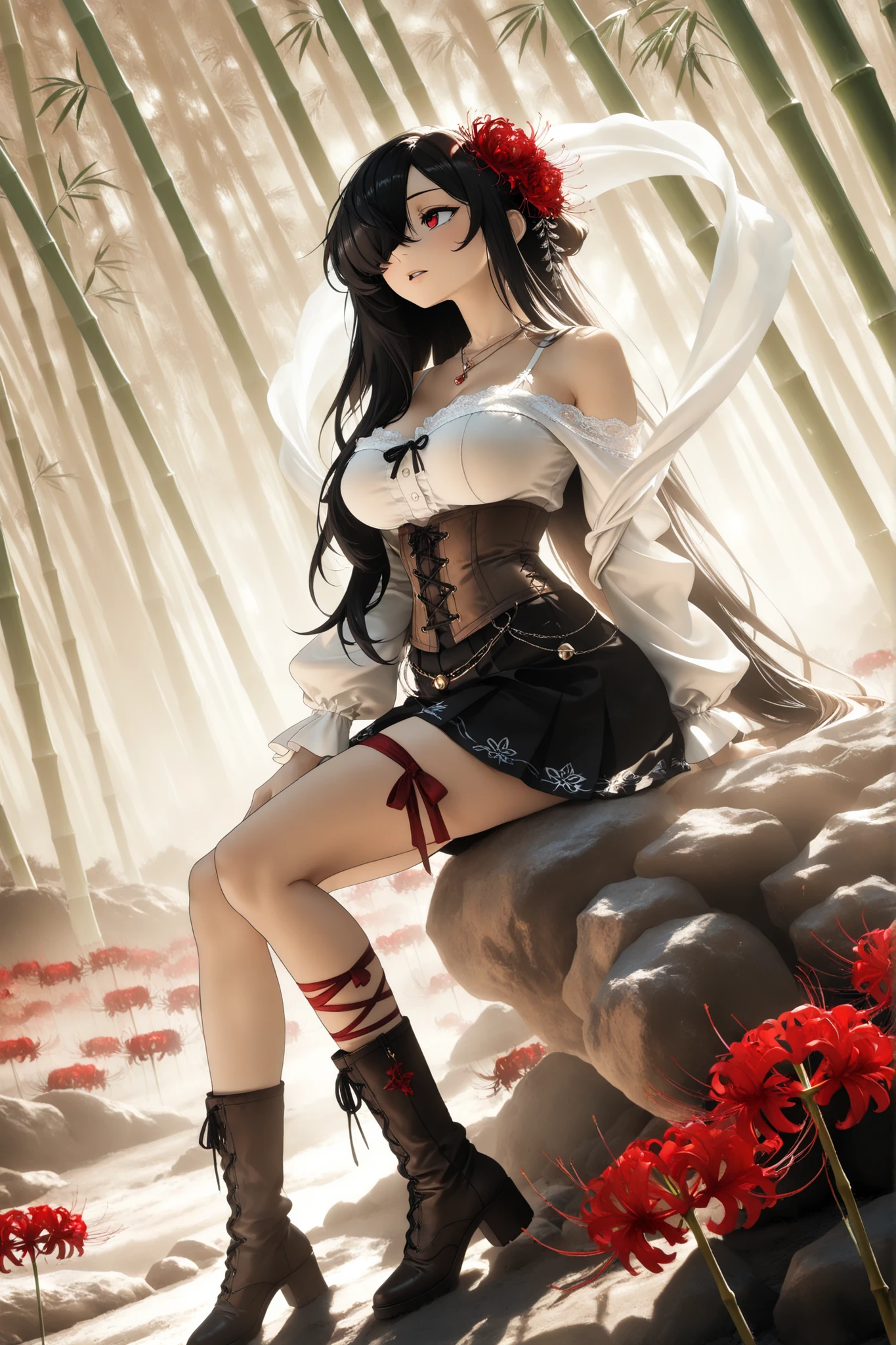 1girl, Kuroki Monika, black hair, very long hair, hair over right eye, red eyes, large breasts, (petite but curvy, very cute),
, hair flower, spider lily, white vintage Pleated blouse with bell sleeves and bare shoulders, brown vintage-gothic lace-up corset, long black gothic skirt with ruffles, heeled boots, Delicate belt chains with feather jewelry, white theme, light brown theme, necklace, bamboo, flower, hair flower, red flower, peony (flower), hair ornament, weimao, hagoromo, yaopei, zhijupao, leg ribbon, solo, full body, sitting, head tilt, looking away, parted lips, from side, ((dynamic angle)), dynamic pose, outdoors, nature, (blending, surreal:1.3), masterpiece, best quality, amazing quality, very aesthetic, 8k, HDR, cinematic,