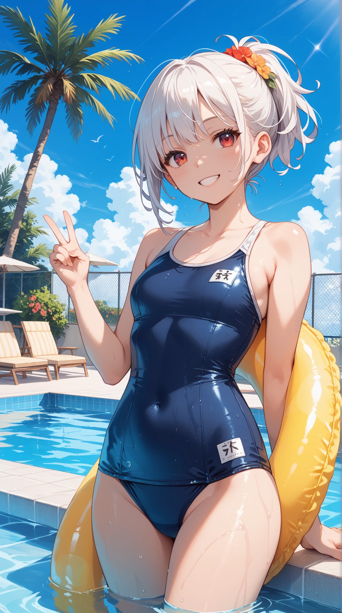 very cute and beautiful girl,(Very detailed美しい顔),(Blue school swimsuit),
Are standing,Put your arms behind your back,Poolside,Small colorful flowers blooming in the meadow,Large Breasts,
(smile),Happy,View your viewers,Silver Hair,Cowboy Shot,
(Highest quality,masterpiece),Absurd,High resolution,Very detailed,Very detailed,32K,
Movie Scenes,Detailed Background,alone,Dynamic Angle,
Twin tails fluttering in the wind,Beautifully detailed skies,