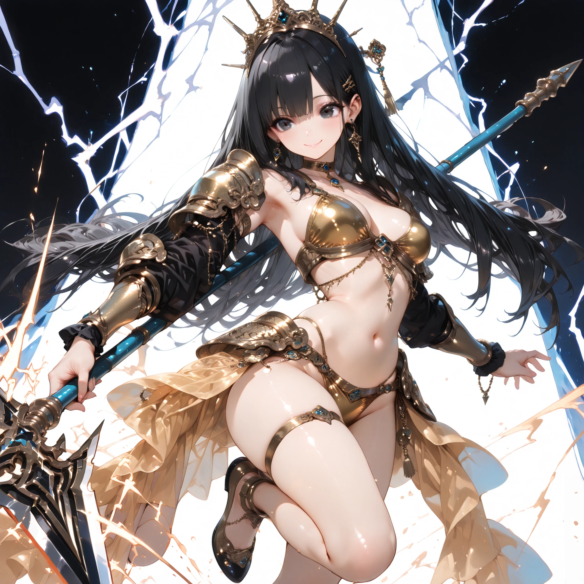 ((best quality)), ((masterpieces)), (detailed), perfect face, SOLO, ((1 girl)), ANIME, beautiful detailed eyes, long hair, long straight hair, black hair, black EYES, BARE thighs, (((BARE LEG))), ((Medium Breasts)), Choker, (thigh strap), smile, earring, Hair fluttering, hairpin, no background, ((midriff)), fantasy spear, holding spear, magic effect, lightning EFFECT, golden Bikini Armor, Body chains, armpit, tiara, arabian dancer