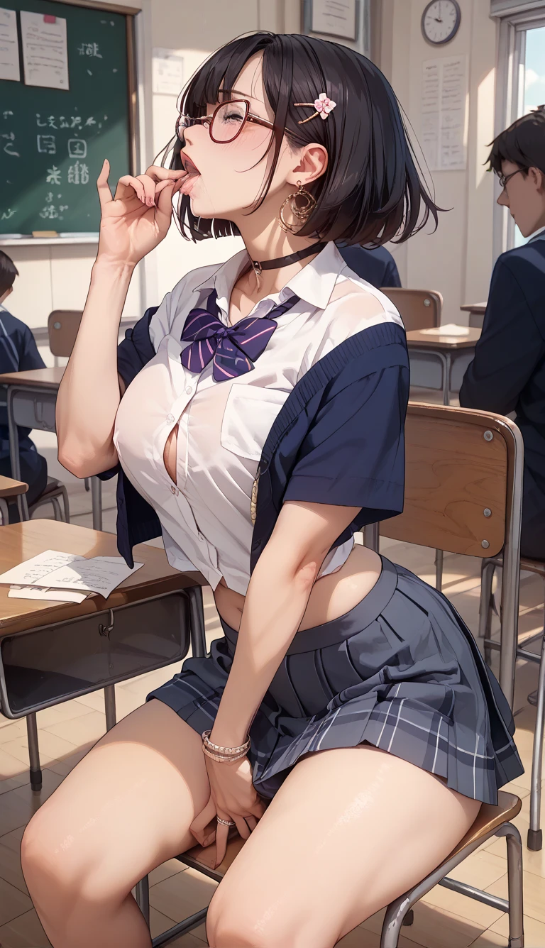 Beautiful European schoolgirl with blue hair takes off her transparent bra, wearing a very short miniskirt, with short hair, in the classroom at the blackboard. realistic photo, full-length, she laughs, lifts her skirt, you can see her panties, you can see her panties, stockings