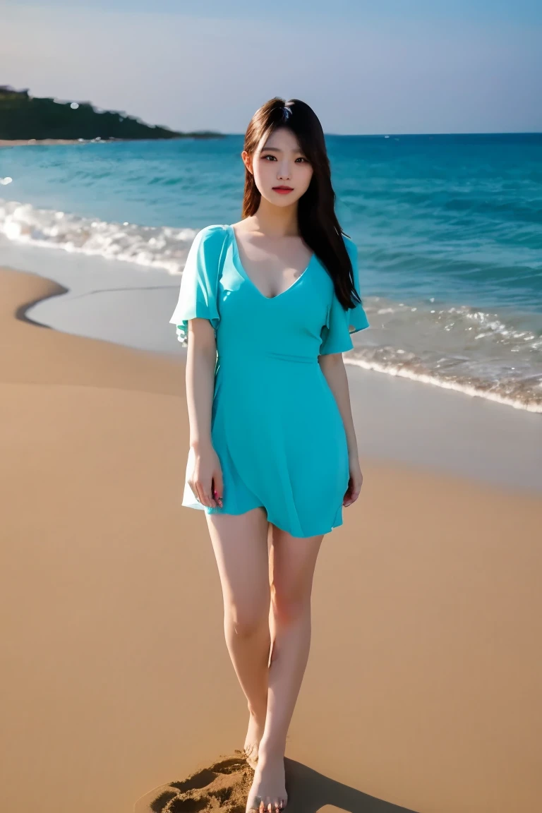 Ultra-detailed 8K photos of Japanese gravure models，Shoulder-length wavy hair and striking hazel eyes. She strikes a seductive pose on a tropical beach, dress chicly, Vest,  mini skirt, The afterglow of the setting sun casts a warm light on her, when she naughtily, Looking at the camera, Surrounded by peaceful and beautiful ocean and palm trees