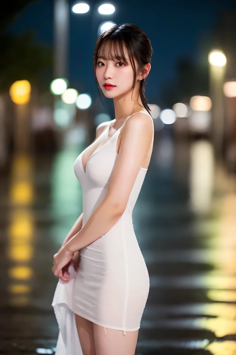 (standing on a dark street), (highway lights), (calm lighting), (night), sexy pose, (very delicate and beautiful work), (masterpiece), one girl, one girl in a white dress, very detailed and leaky waist, attractive look, beautifully clear eyes, delicate necklace, delicate earrings, simple blurred background, extreme detailed description, beautiful, attractive, Super fine painting, pretty face, big, big, big, big, fine body, fine collarbone, beautiful lips, smooth ass, mix4, (8k, RAW photo, top quality, masterpiece: 1.37), (realistic, realistic: 1.37), one girl, cute, cityscape, night, rain, humidity, professional lighting, photon mapping, radiation, physics cs-based rendering, nsfw,