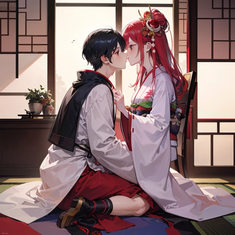 man kissing a woman on the mouth in a Japanese house
