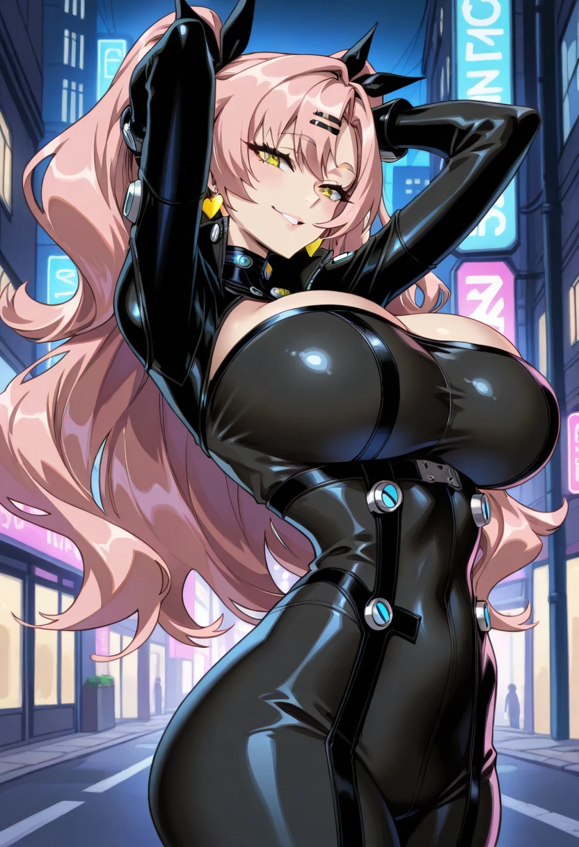 Highest quality、High resolution、Detailed Background、Beautiful face in every detail、Detailed facial expressions、Beautiful women in their 20s、Huge breasts、Brightly colored hair、Long Hair、Wavy Hairstyle、Cute Eye Makeup、Cute Lip Makeup、Perfect body line、Attractive ass、night、深night、 (A beautiful woman with a big smile, with a uniquely designed building in the background:1.5)、 Holographic laser rubber suit、The zipper opens completely and her breasts flap about.、Sleeveless、Accentuate your cleavage、 Low-angle close-up highlighting the lower body、Super close-up shot from directly below、Sexy High Leg、Super-detailed rubber suit、Show me your armpits、very beautiful, visible tits, pink nipples, visible nipples, 