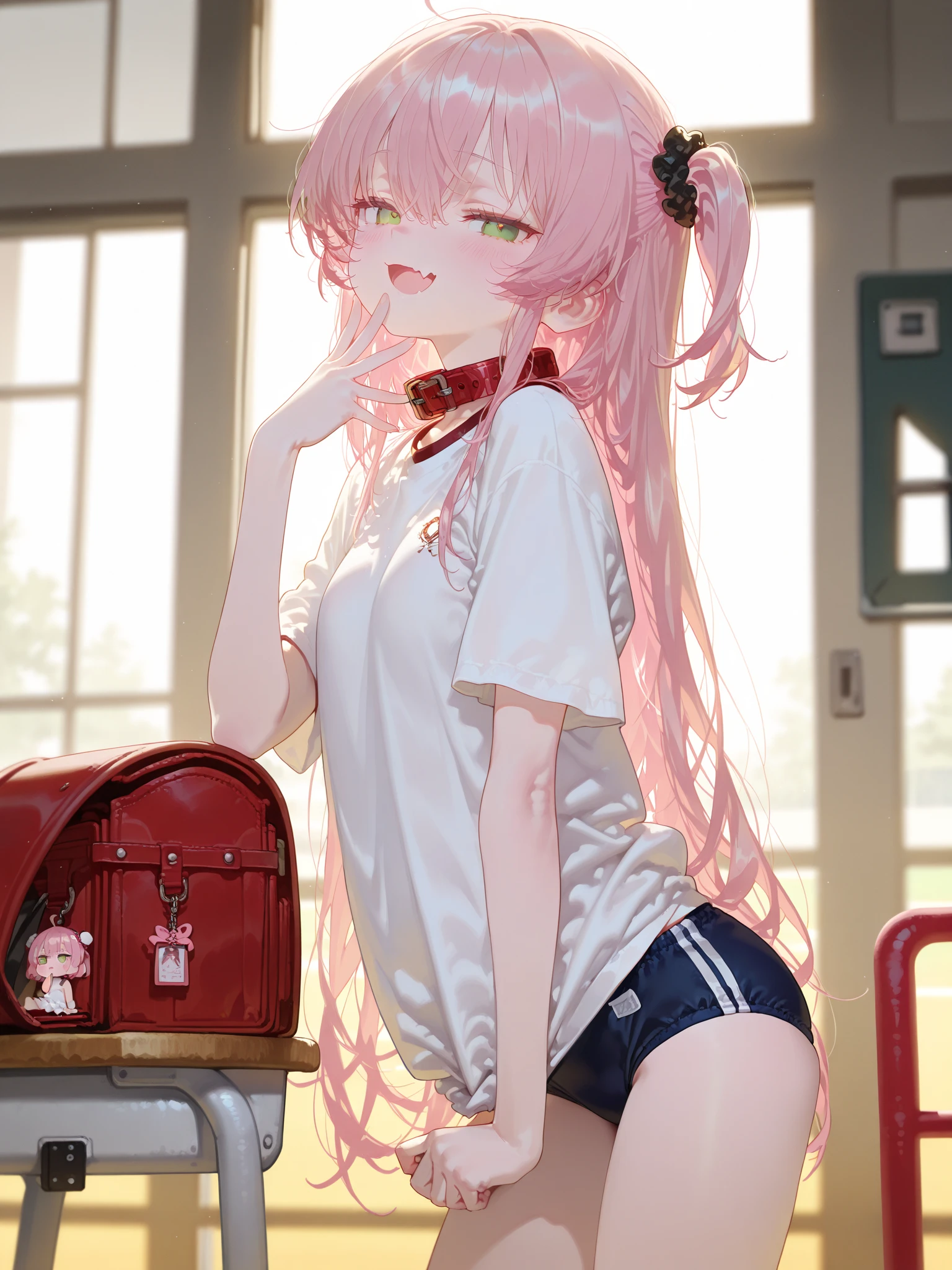 young girl, short gray hair, red-eyes, white tanktop, Upskirt, ssmile, backpack, stocklings, Masterpiece, hiquality